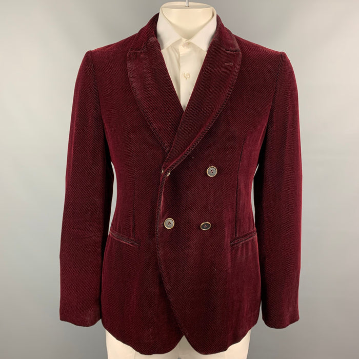 GIORGIO ARMANI Ginza Size 44 Burgundy & Black Houndstooth Peak Lapel Sport Coat