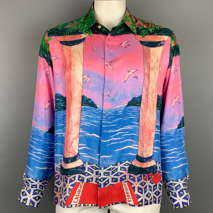 CASABLANCA Size L Multi-Color Print Silk Button Up Long Sleeve Shirt