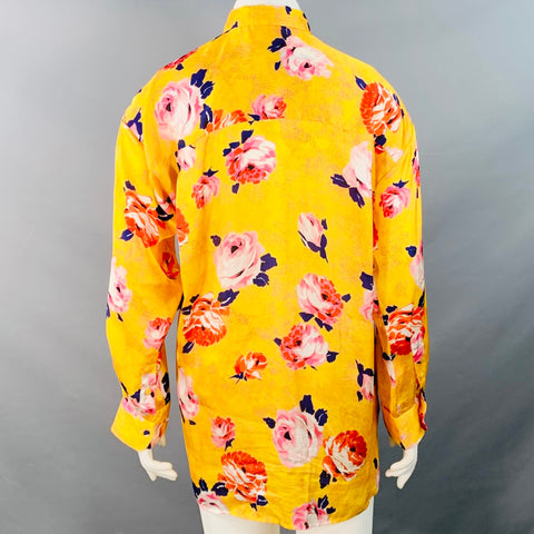 MSGM Size L Yellow Multi Color Satin Floral Button Up Shirt
