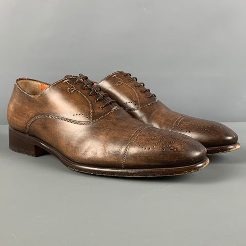 SANTONI Size 7 Brown Burnished Perforated Leather Cap Toe Lace Up Shoes