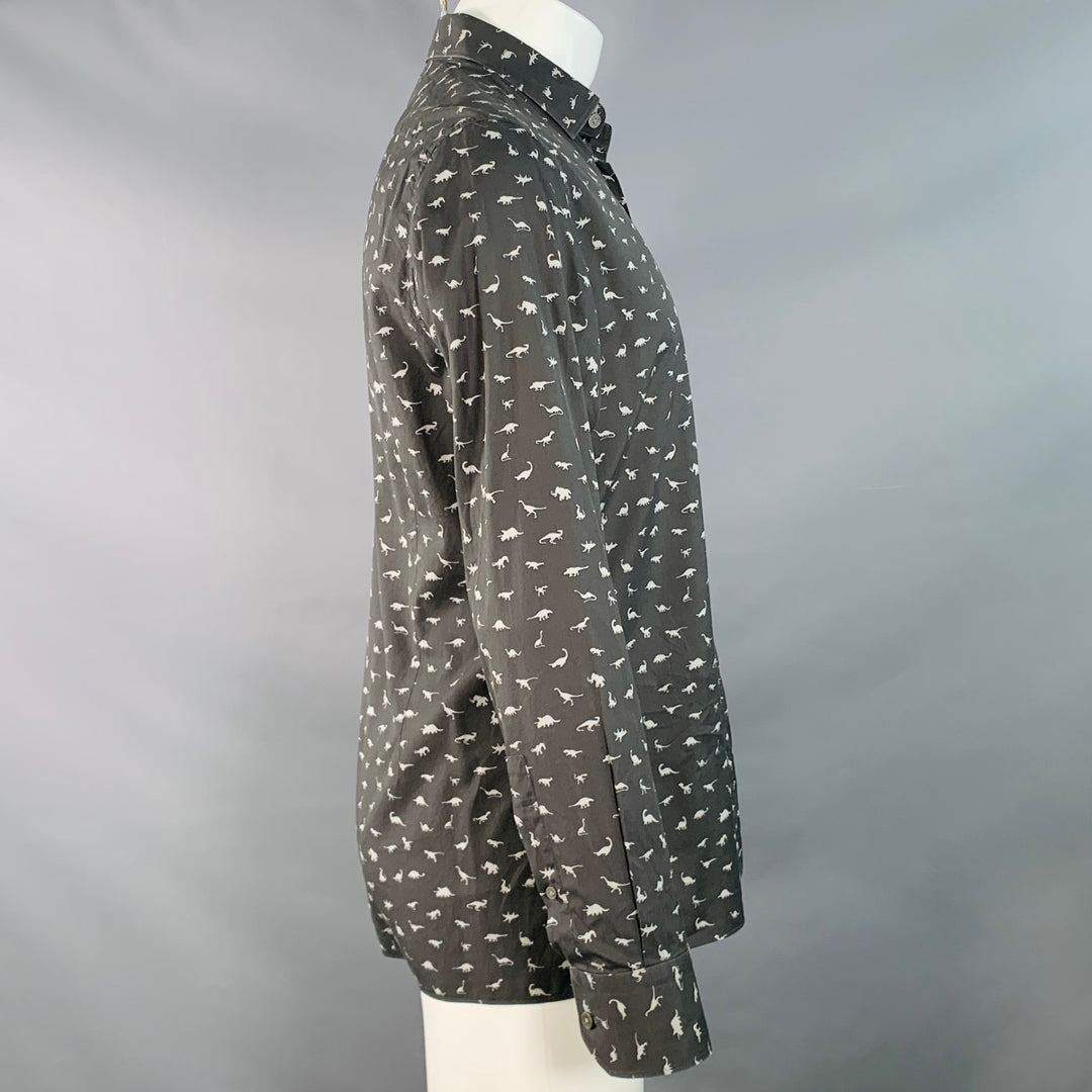 LANVIN Size M Grey Slate Dinosaurs Cotton Spread Collar Long Sleeve Shirt