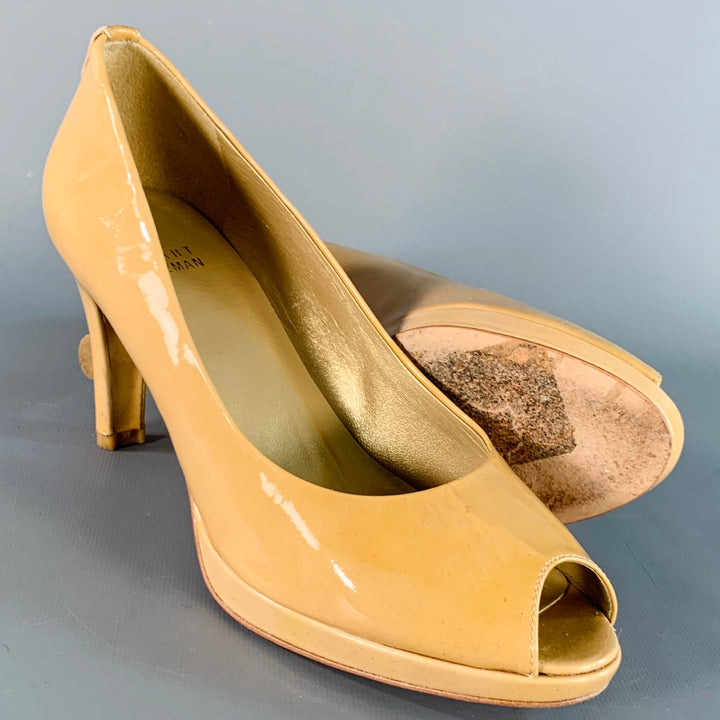 STUART WEITZMAN Size 7 Tan Patent Leather Peep Toe Pumps