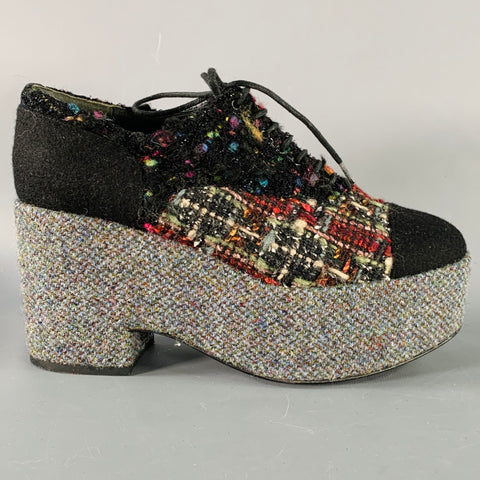 CHANEL Size 6.5 Black Red Grey Tweed Platform Oxford Flats