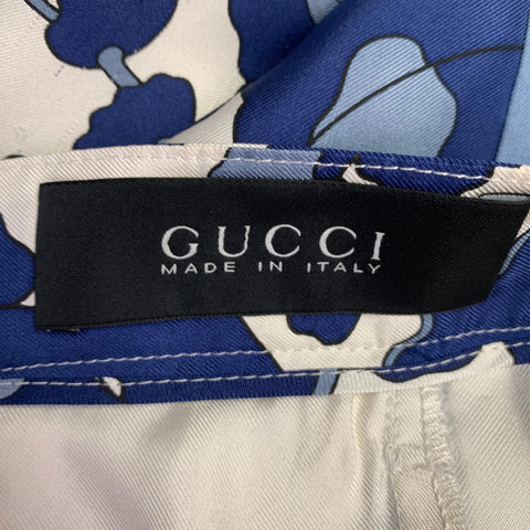 GUCCI Size 32 Blue White Floral Silk Elastic Waistband Casual Pants