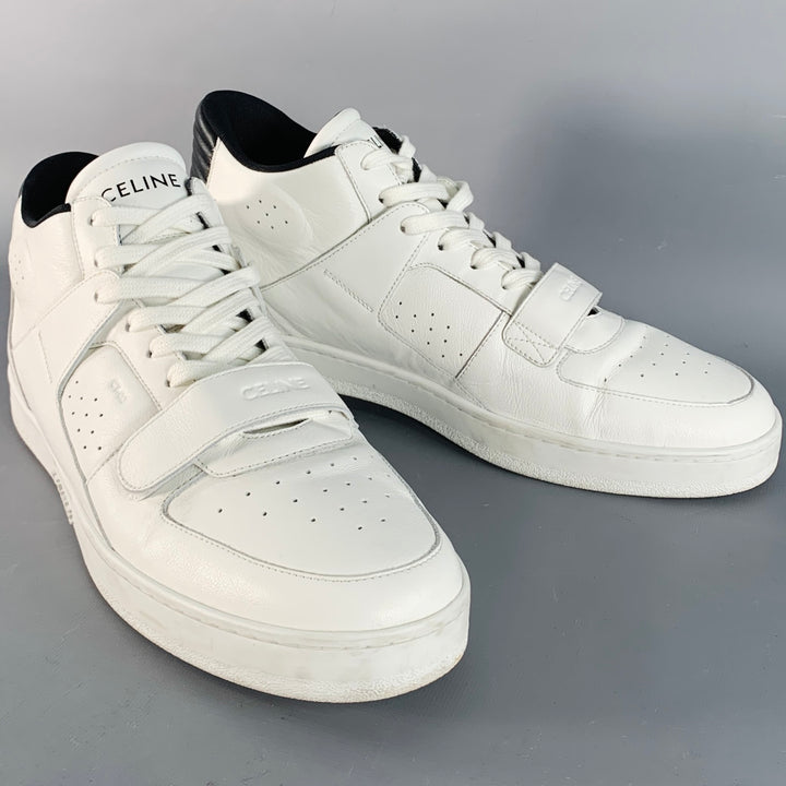 CELINE Size 12 White Black Perforated Leather Mid Top Lace-Up Sneakers