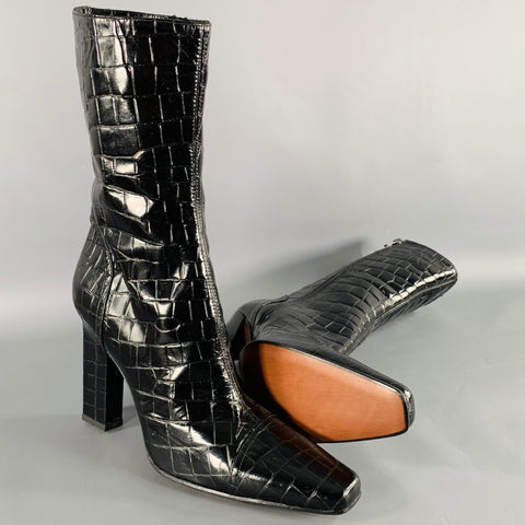 PACIOTTI Size 8 Black Leather Croc Embossed Side Zipper Boots