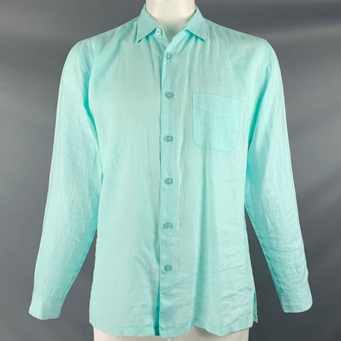 NATURAL BLUE Size L Green Linen Button Up Long Sleeve Shirt