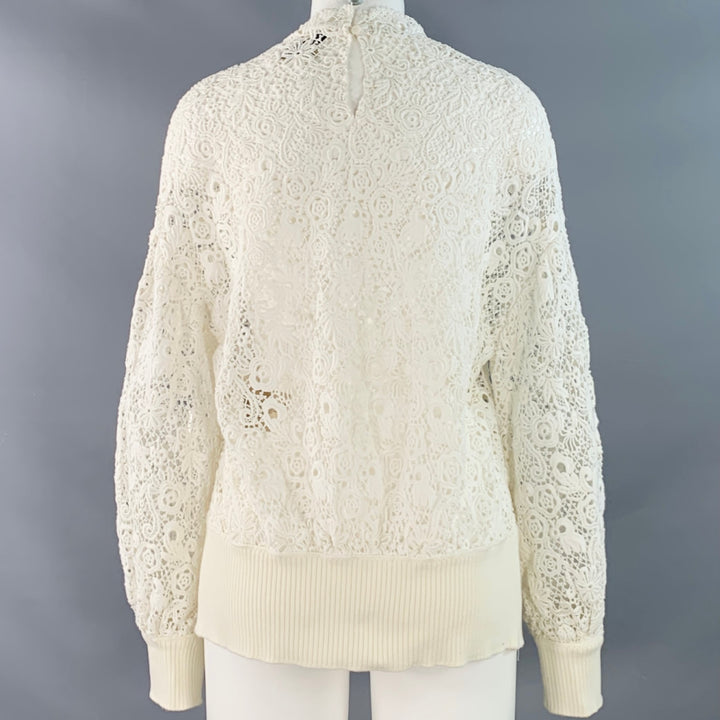 BURBERRY Size M White Cotton Blend Guipure Lace Long Sleeve Blouse