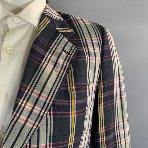 DRIES VAN NOTEN Chest Size 42 Grey Red Plaid Linen & Cotton Sport Coat