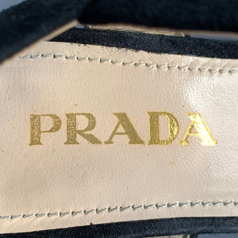 PRADA Size 7 Black Suede Chunky Heel Sandals