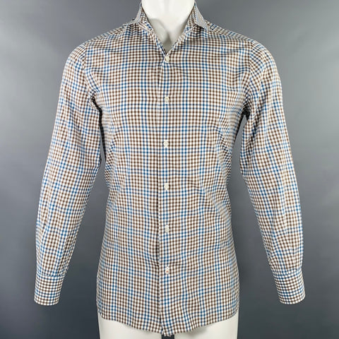 ISAIA Size M Brown White Blue Checkered Cotton Spread Collar Long Sleeve Shirt