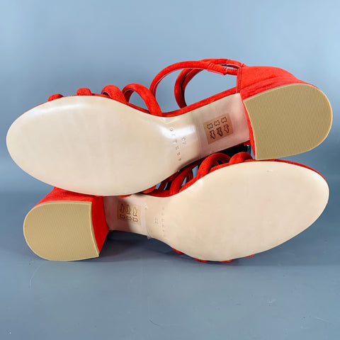 SANDRO Size 10 Tessa Red Suede Caged Chunky Heel Sandals
