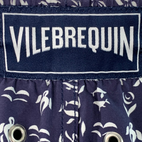 Maillot de bain à cordon de serrage VILEBREQUIN, taille L, en nylon, motif tropical abstrait, bleu marine et blanc
