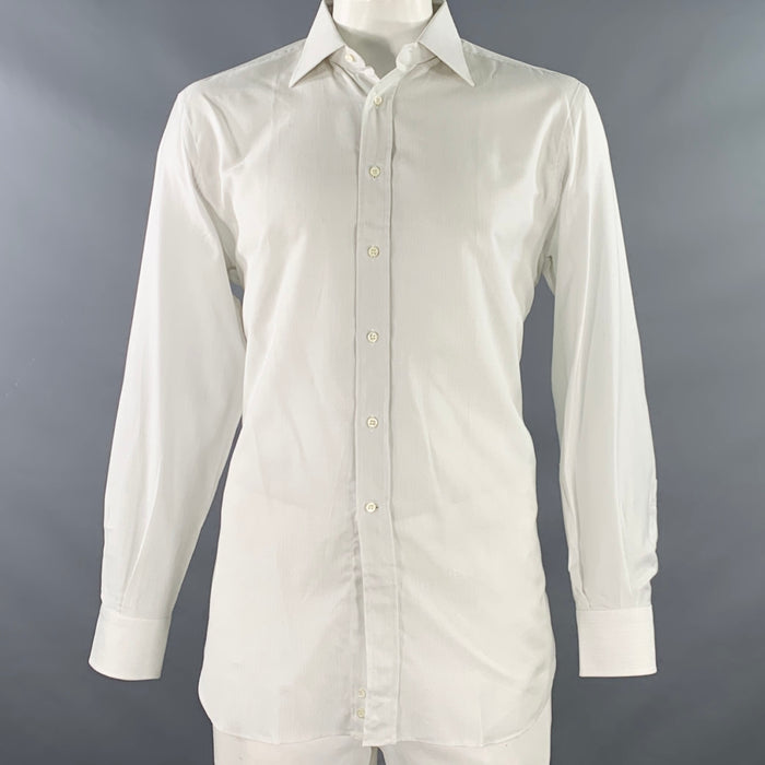 ERMENEGILDO ZEGNA Size L White Woven Cotton Curved Cutaway Long Sleeve Shirt