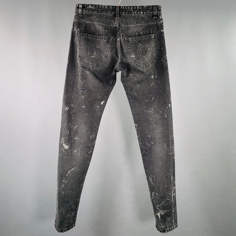 PHILIPP PLEIN Size 29 Black Grey Paint Splatter Cotton Straight Distressed Jeans