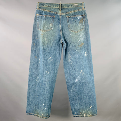 HELMUT LANG Size 32 Cropped Wide Leg Blue Paint Splatter Cotton Adjustable Five Pockets Jeans