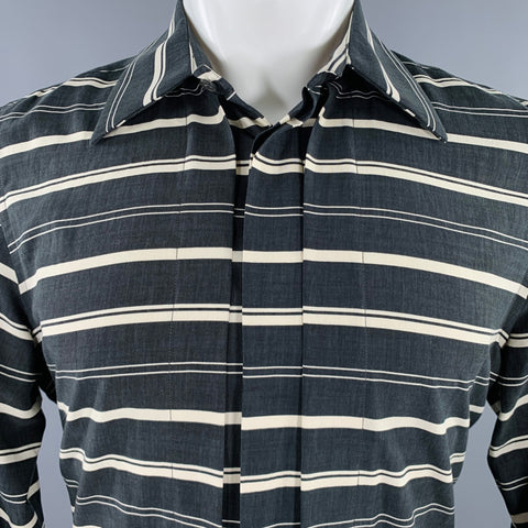 PAUL SMITH Size M Black Cream Stripe Pleated Cotton Blend Long Sleeve Shirt