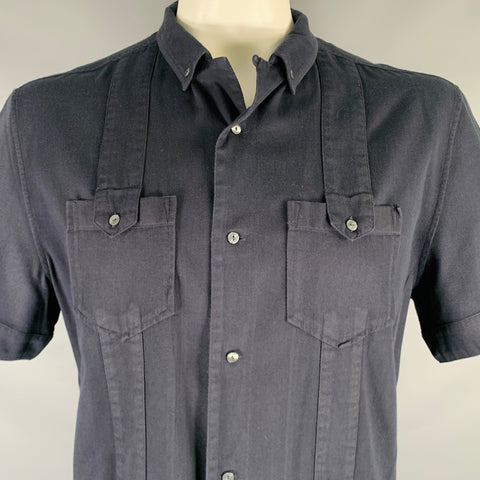 DOLCE & GABBANA Size XL Navy Cotton Patch Pockets Short Sleeve Shirt