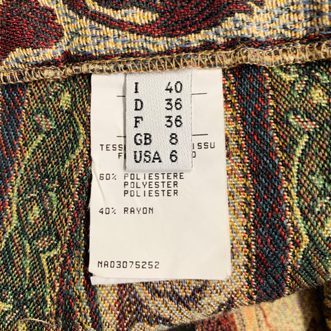 OZBEK Size 6 Burgundy Beige Polyester Blend Jacquard Tapestry Skinny Dress Pants
