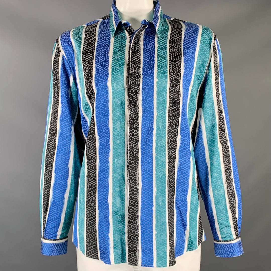 VERSACE COLLECTION Size XL Black White Blue Green Stripe Long Sleeve Shirt