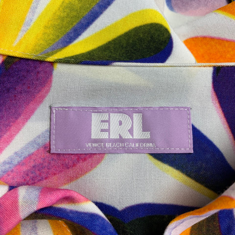 ERL Size M White Multi Color Abstract Floral Rayon One Pocket Long Sleeve Shirt