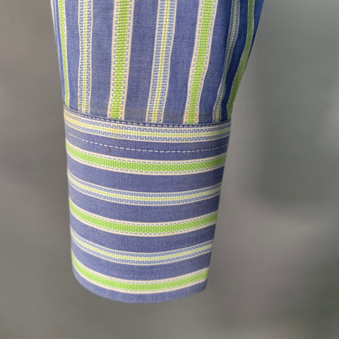 ETRO Size M Blue Green Stripe Cotton Spread Collar Long Sleeve Shirt