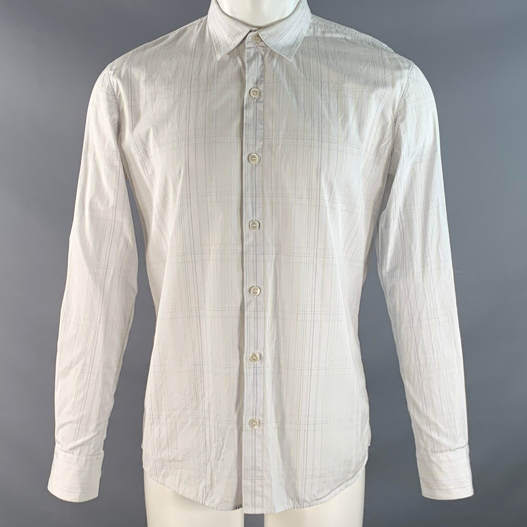 HELMUT LANG Size M White Green Plaid Cotton Pointed Collar Long Sleeve Shirt