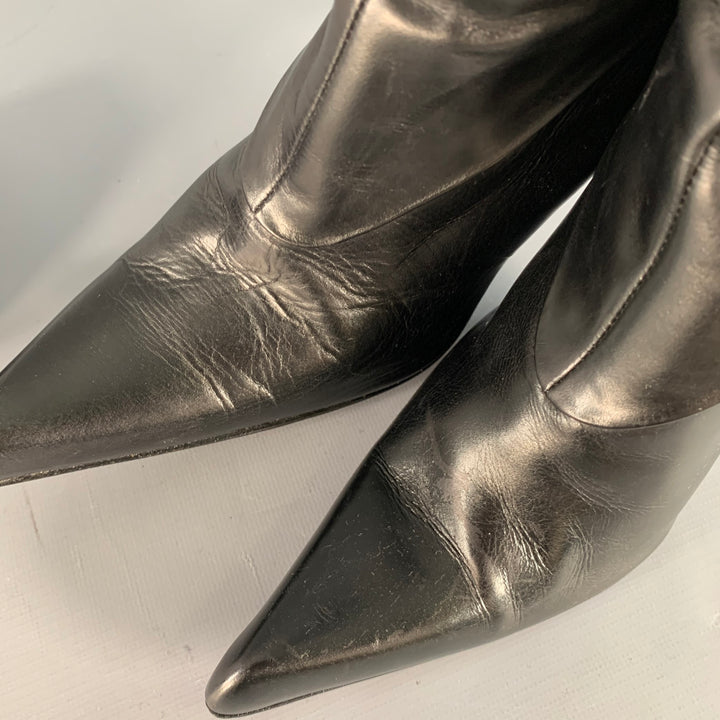 LES COPAINS Size 7 Black Silver Leather Back Zipper Calf High Stiletto Boots