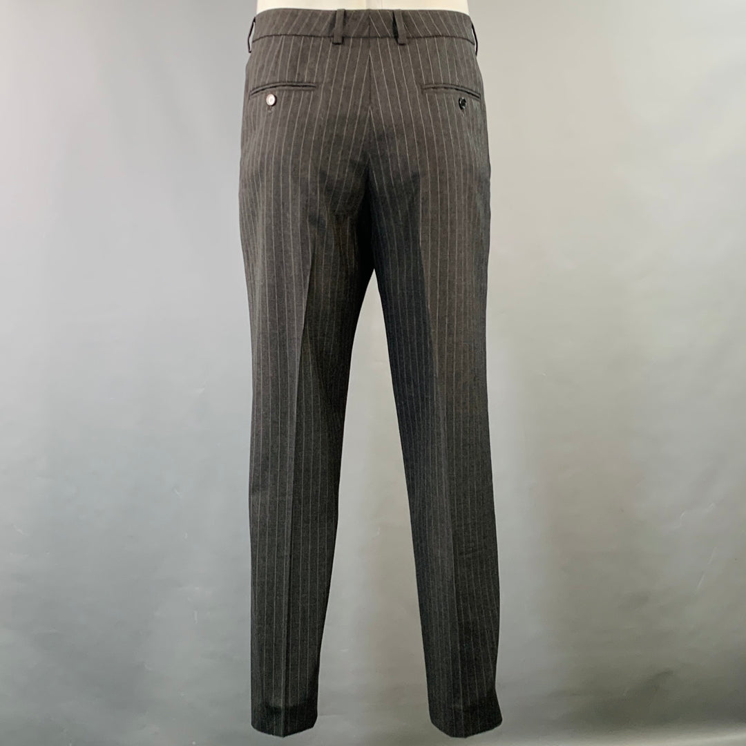 CELINE Size 44 Regular Grey Charcoal Stripe Wool Polyester Suit