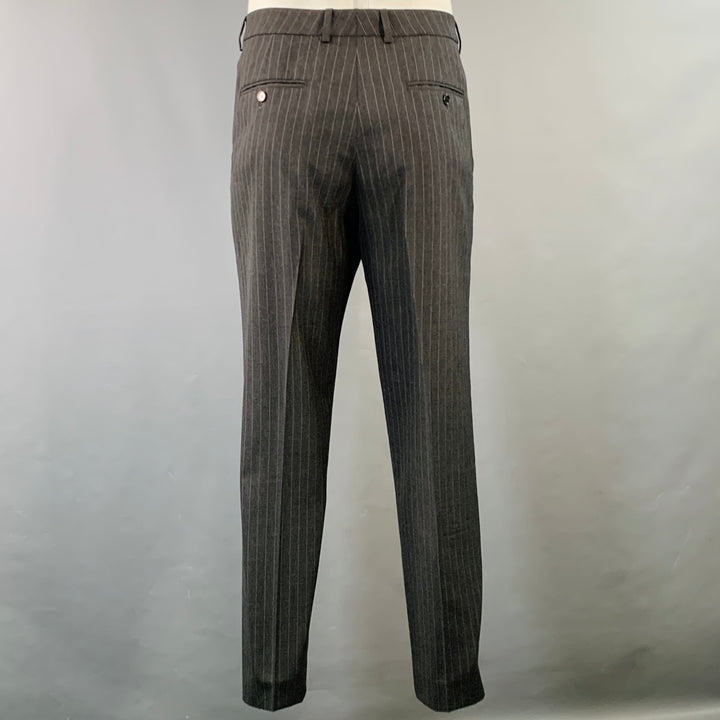 CELINE Size 44 Regular Grey Charcoal Stripe Wool Polyester Suit
