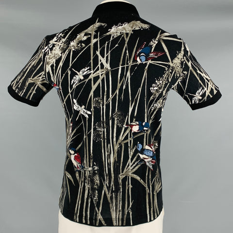 DOLCE & GABBANA Size L Black Grey Birds Cotton Buttoned Polo