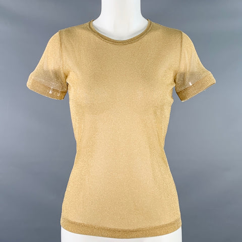 BARNEY'S NEW YORK Size M Gold Polyester Blend Sheer Short Sleeve Dress Top