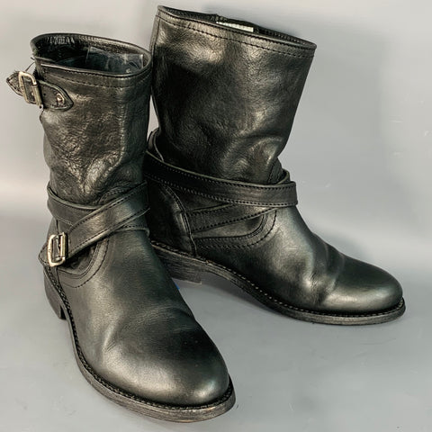 FRYE Size 6.5 Black Leather Pull On Biker Buckle Boots