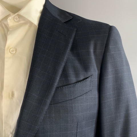 ERMENEGILDO ZEGNA Chest Size 42 Navy Purple Window Pane Wool Notch Lapel 34 Suit