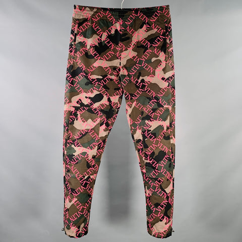VALENTINO Size 30 Olive Black Pink Camouflage Monogram Cotton  Drawstring Casual Pants