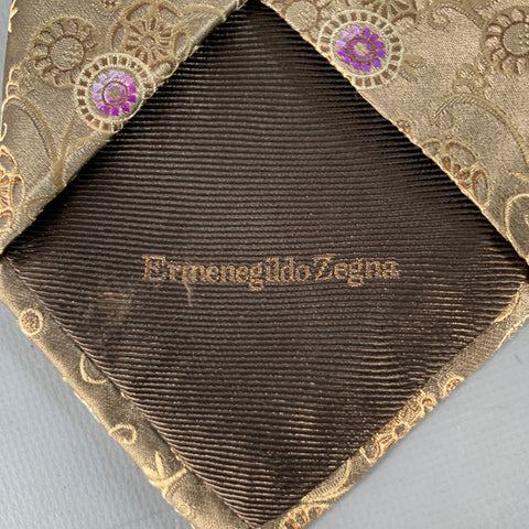 ERMENEGILDO ZEGNA Purple Taupe Abstract Floral Silk Tie