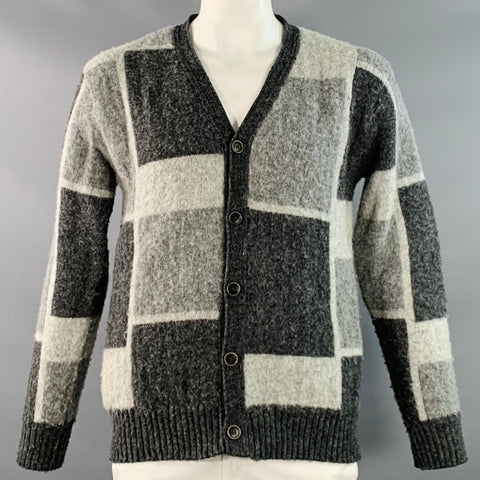 HOWLIN Size XL Spooky Doo Grey Charcoal Checkered Virgin Wool V-Neck Cardigan