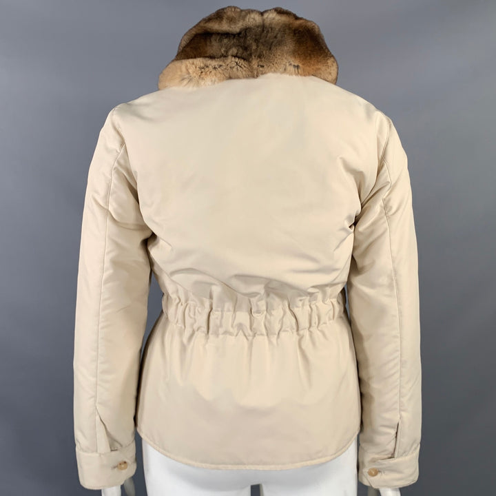 AGNONA Size 10 Cream Polyester Removable Fur Collar Zip Up Jacket