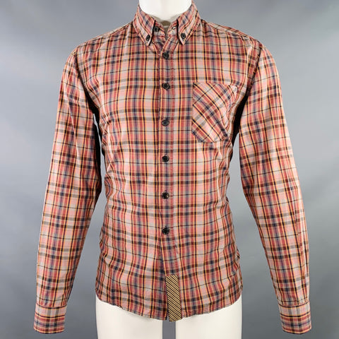 BILLY REID Size S Red Grey Plaid Cotton One Pocket Button Down Collar Long Sleeve Shirt