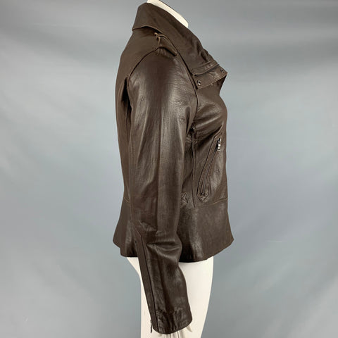 ANDREW MARC Chaqueta con broches y cremallera de cuero marrón cacao talla L