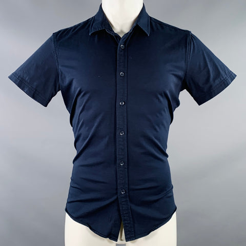 STEELE Size M Navy Cotton Blend Spread Collar Short Sleeve Shirt