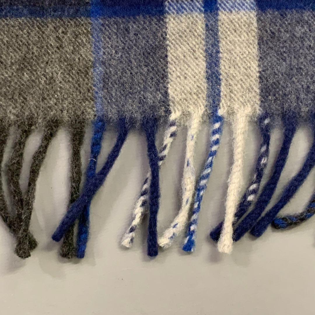 NO BRAND Blue Grey Plaid Lambswool Cashmere Fringe Scarf