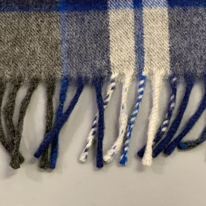 NO BRAND Blue Grey Plaid Lambswool Cashmere Fringe Scarf