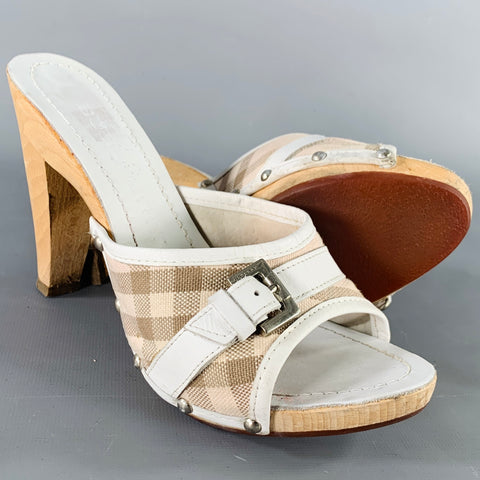 BURBERRY Size 7 White Beige Leather Plaid Buckle Sandals