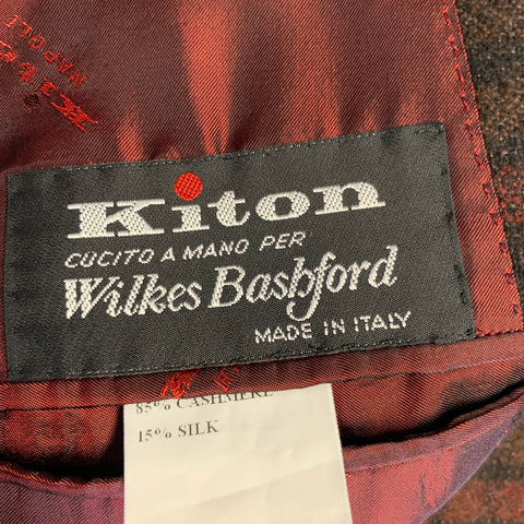 KITON Size 48 Burgundy Black Plaid Cashmere Silk Sport Coat