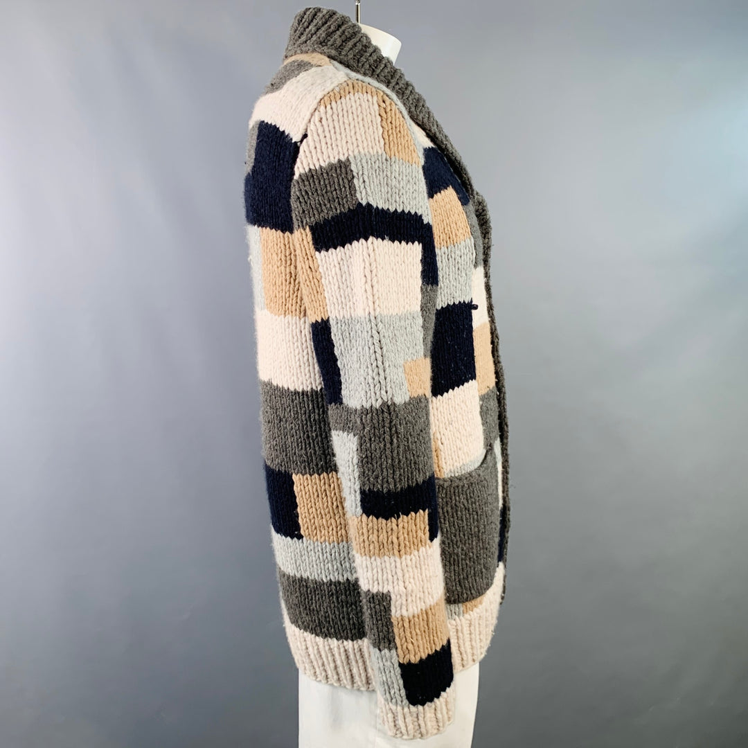 BARENA Size XL Grey Tan Brown Patchwork Virgin Wool Shawl Collar Cardigan