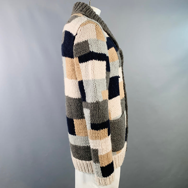 BARENA Size XL Grey Tan Brown Patchwork Virgin Wool Shawl Collar Cardigan