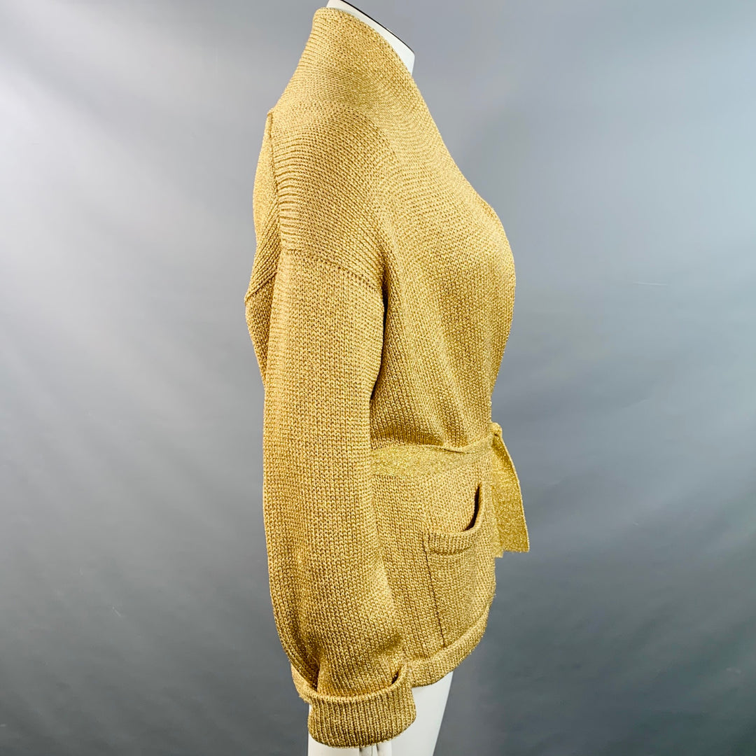 RALPH LAUREN Size L Gold Metallic Knit Belted Cardigan