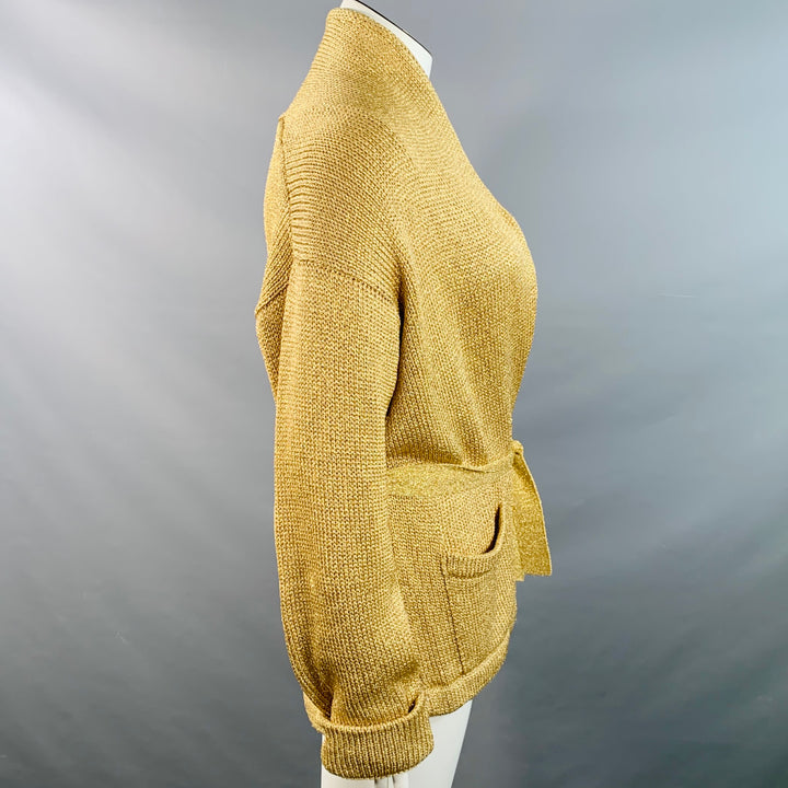 RALPH LAUREN Size L Gold Metallic Knit Belted Cardigan
