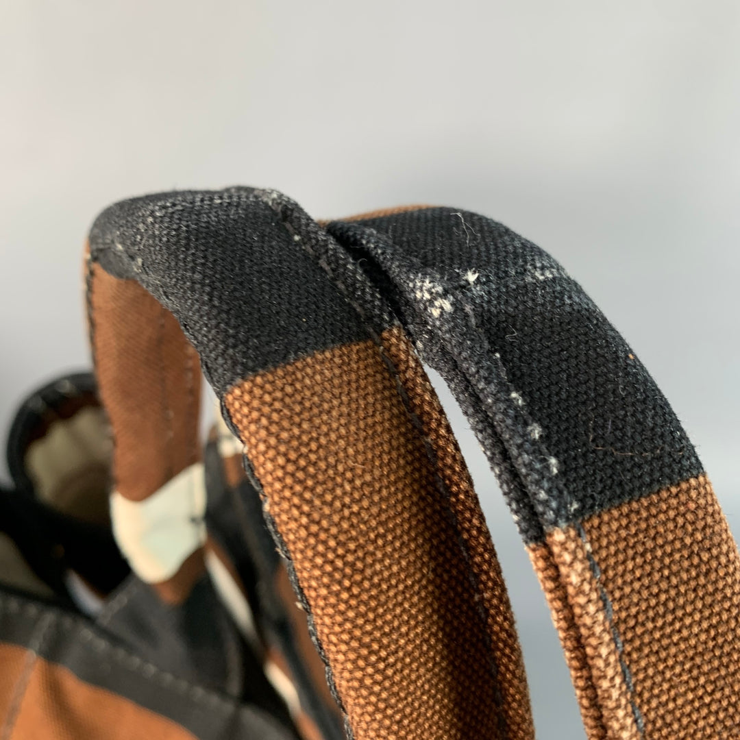 PRADA Canapa Brown Black White Stripe Canvas Open Top Tote Handbag